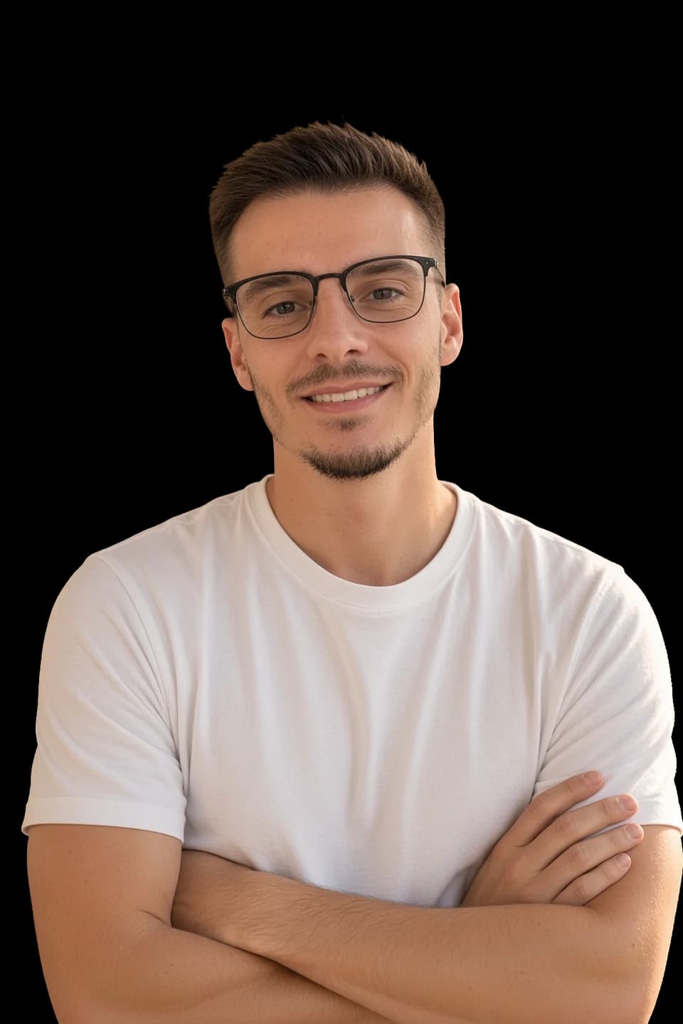 Photo de Thomas, développeur fullstack, bras croisés, souriant